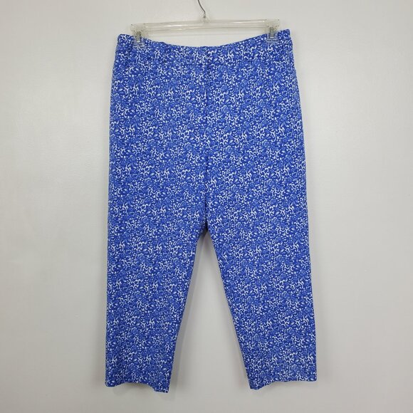 Appleseed's Petite Blue White Floral Leaf Pattern Stretchy Crop Ankle Pant 16P - Picture 1 of 12